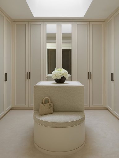 Camé Beige walk-in dressing room with island Light and airy dressing room with beige cabinetry and a central stone pedestal with flowers.